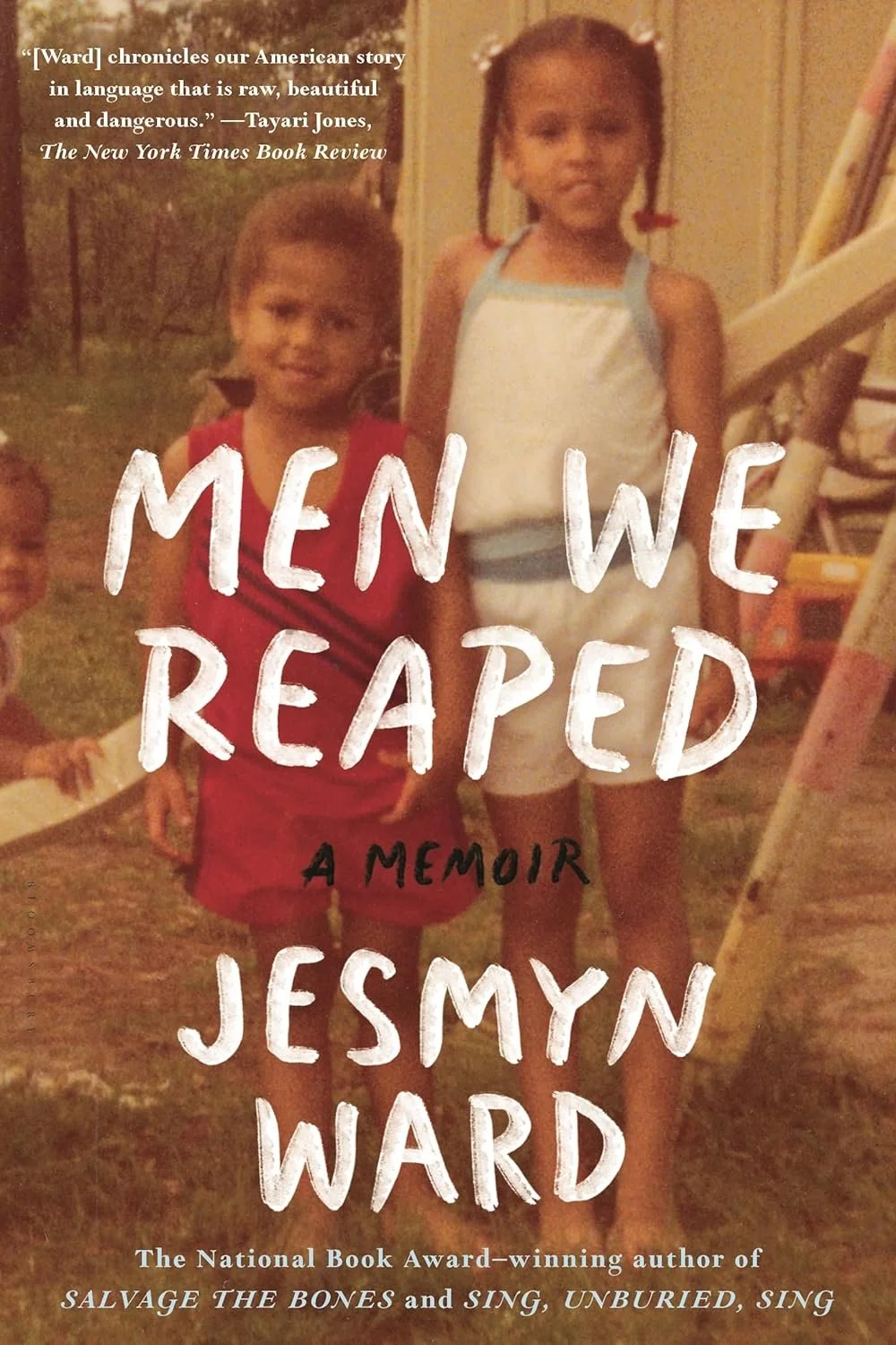 Book cover for 'Men We Reaped' by Jesmyne Ward featuring two young girls, one in a red dress and the other in a white and blue dress, standing outside next to a ladder.