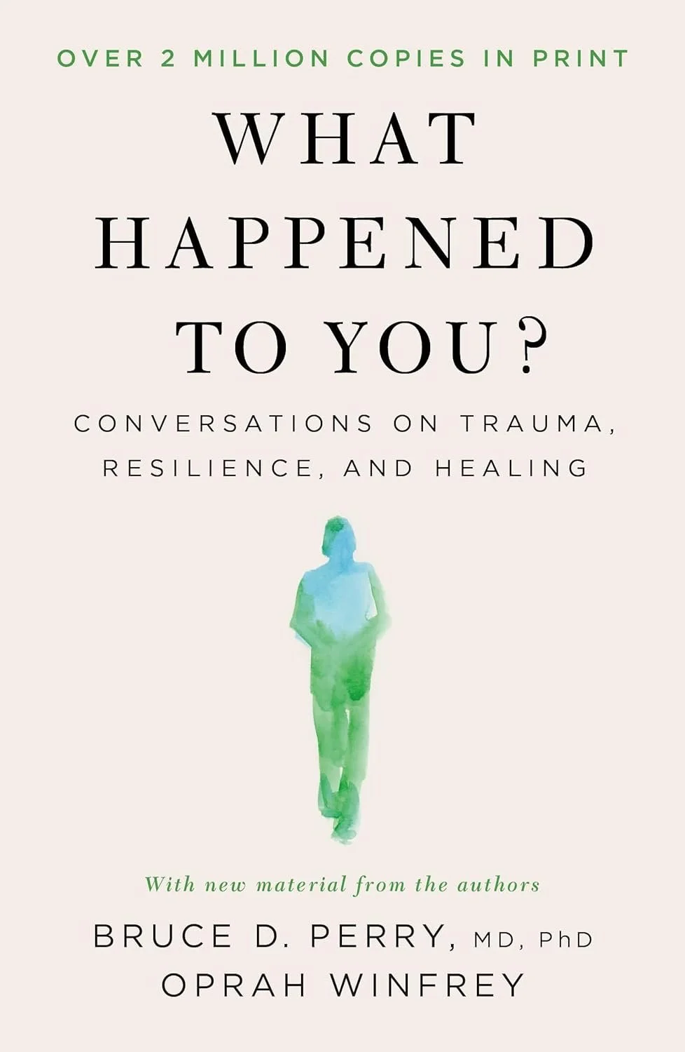 Book cover for 'What Happened to You?' featuring a watercolor silhouette of a person and green text at the top.