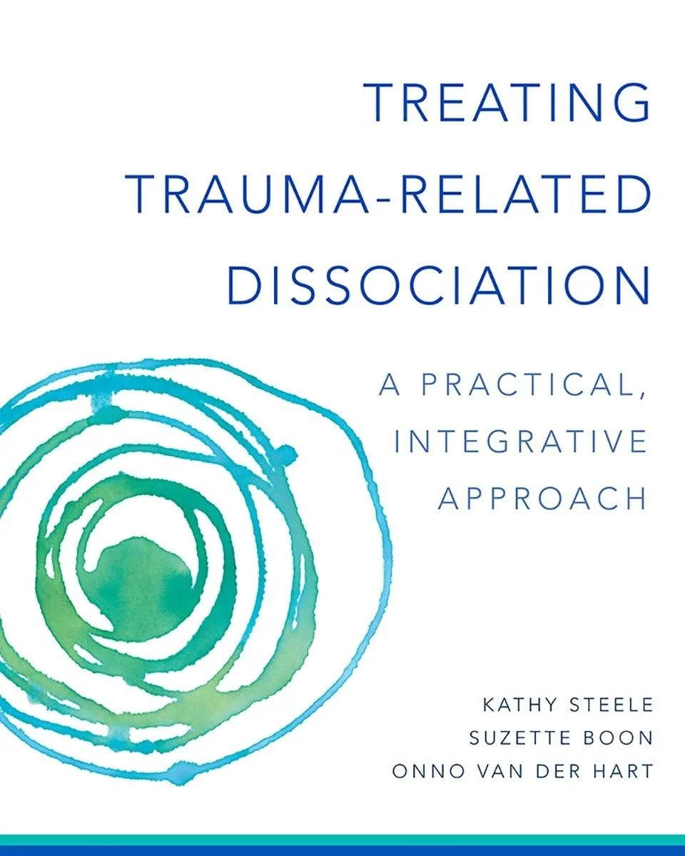 Book cover titled "Treating Trauma-Related Dissociation" with a spiral design in shades of green and blue.