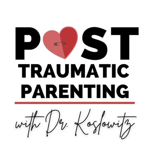Poster for 'Post Traumatic Parenting' by Dr. Koslowitz, featuring a red heart with a safety pin