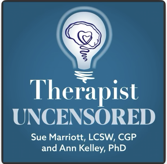 Book cover titled "Therapist UNCENSORED" featuring a lightbulb with a heart and brain inside, author names Sue Marriott and Ann Kelley.