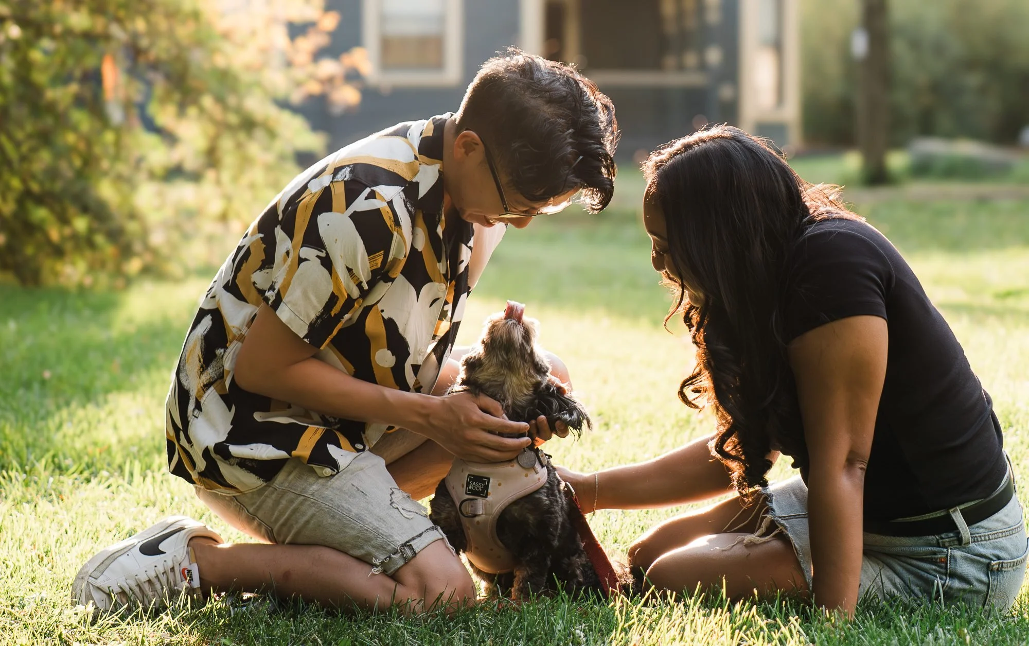 Couple sitting in the grass with their dog during an Edmonton couples photography session by Kevin M Films.