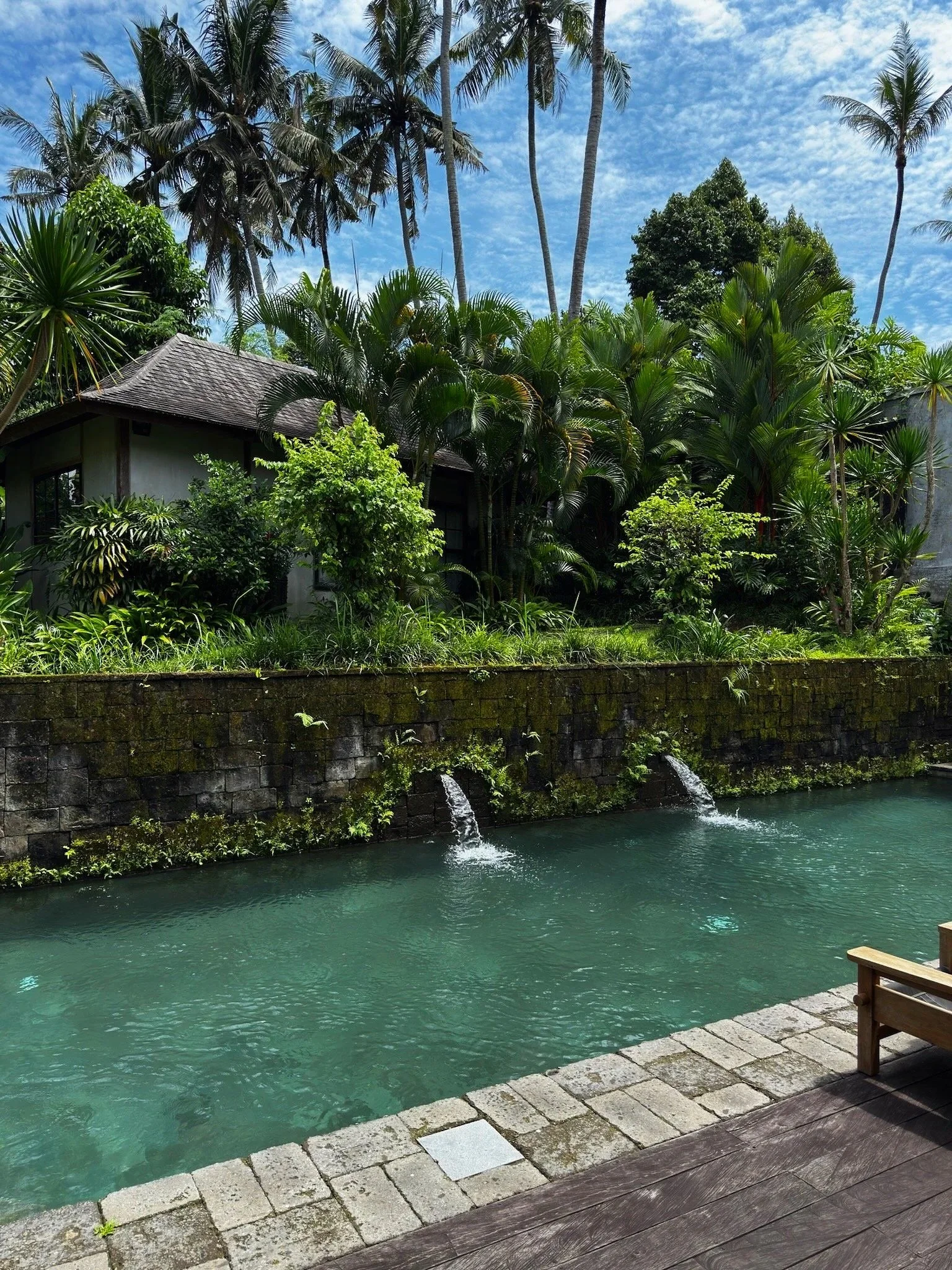 Gay Men's Retreat in Bali location, one of 2 pools in private courtyard with fountains and lush greenery