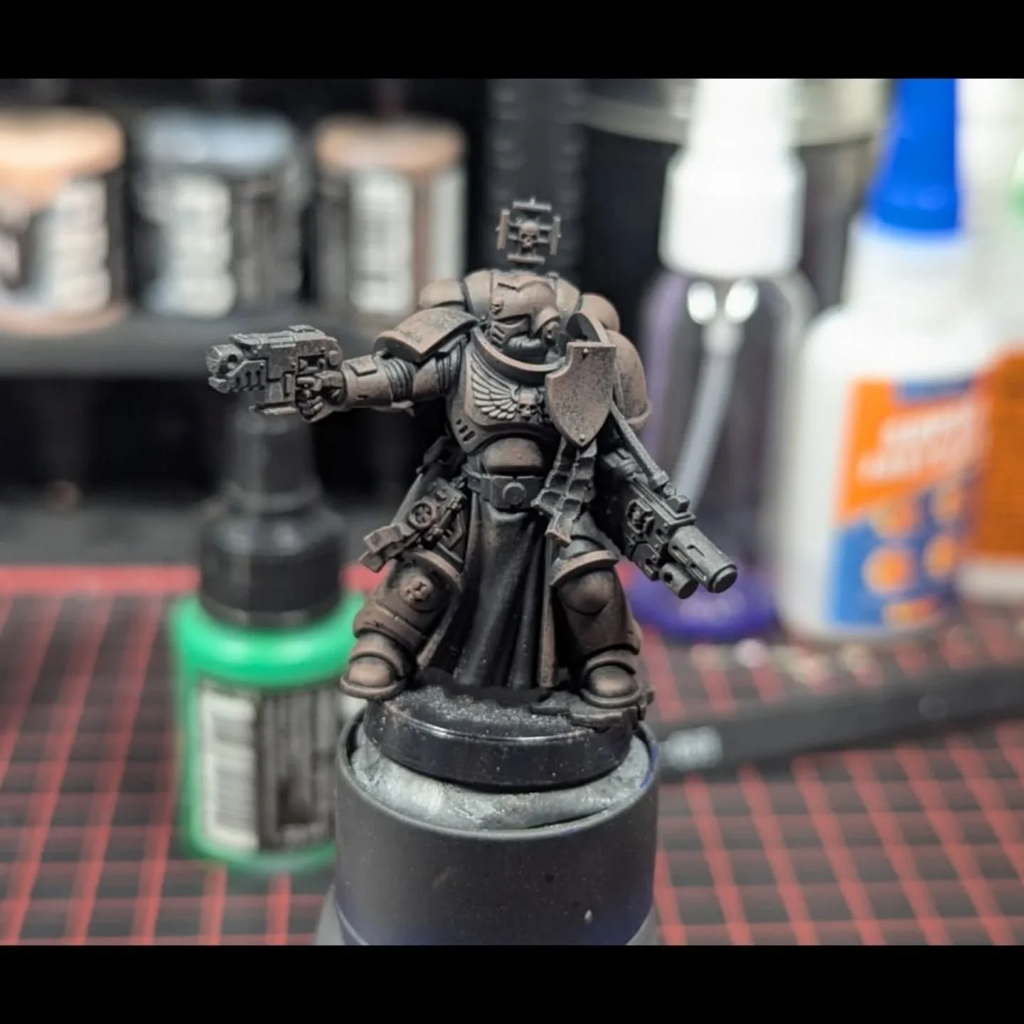 Couldn't sleep, so I pulled out one of my primed space marines and started painting. Tried sponge painting the armor, I like where it's going, but we'll see what he looks like when I'm done.