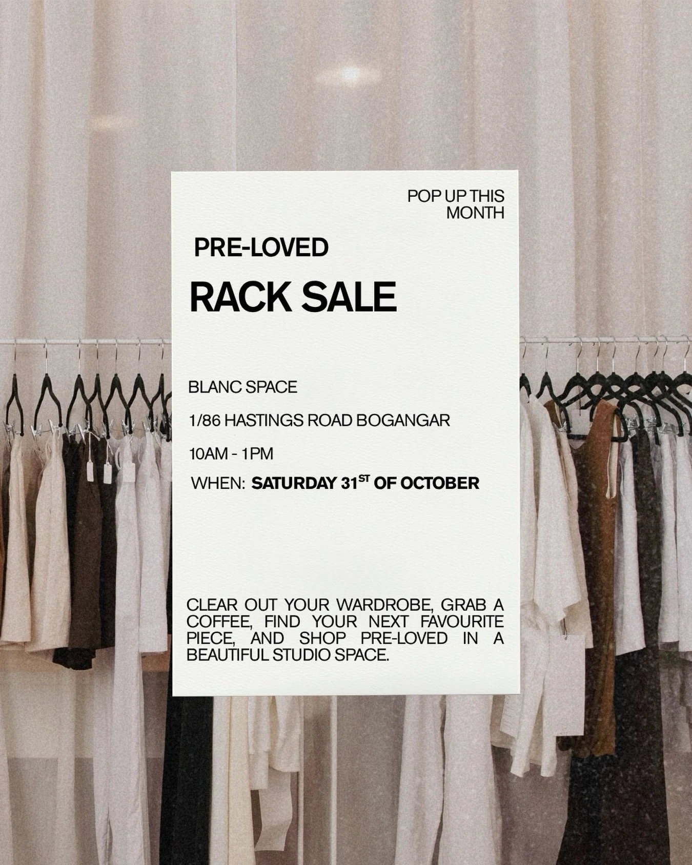 Calling all gc and byron girlies, who love a pop up. 

Racks of pre-loved pieces from local sellers, all in our bright little studio. Come for the finds, stay for the browse, and take home something you&rsquo;ll actually love.

🗓️ Saturday 31st of O