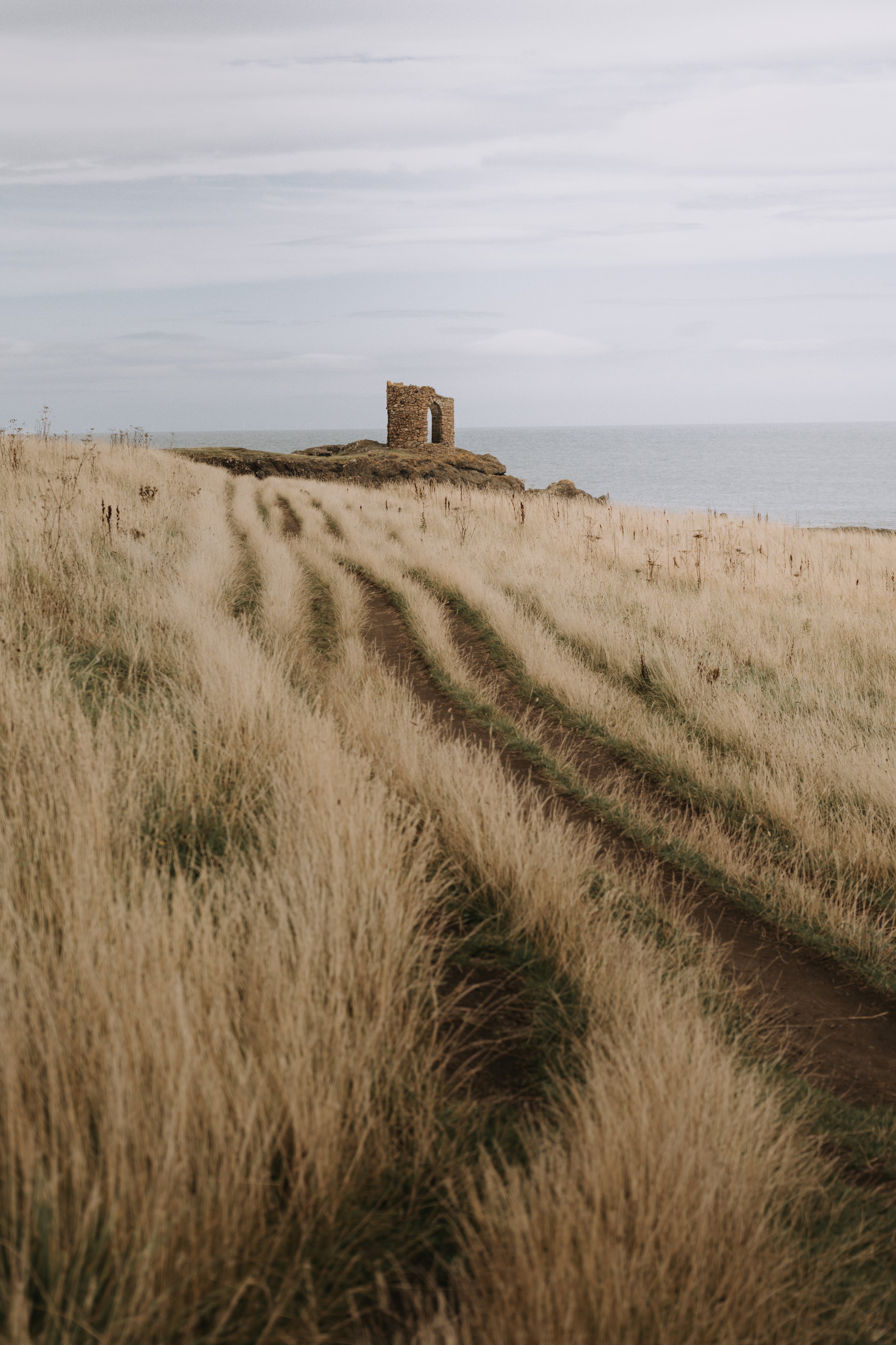 Coastal landscape with ruins and grass path