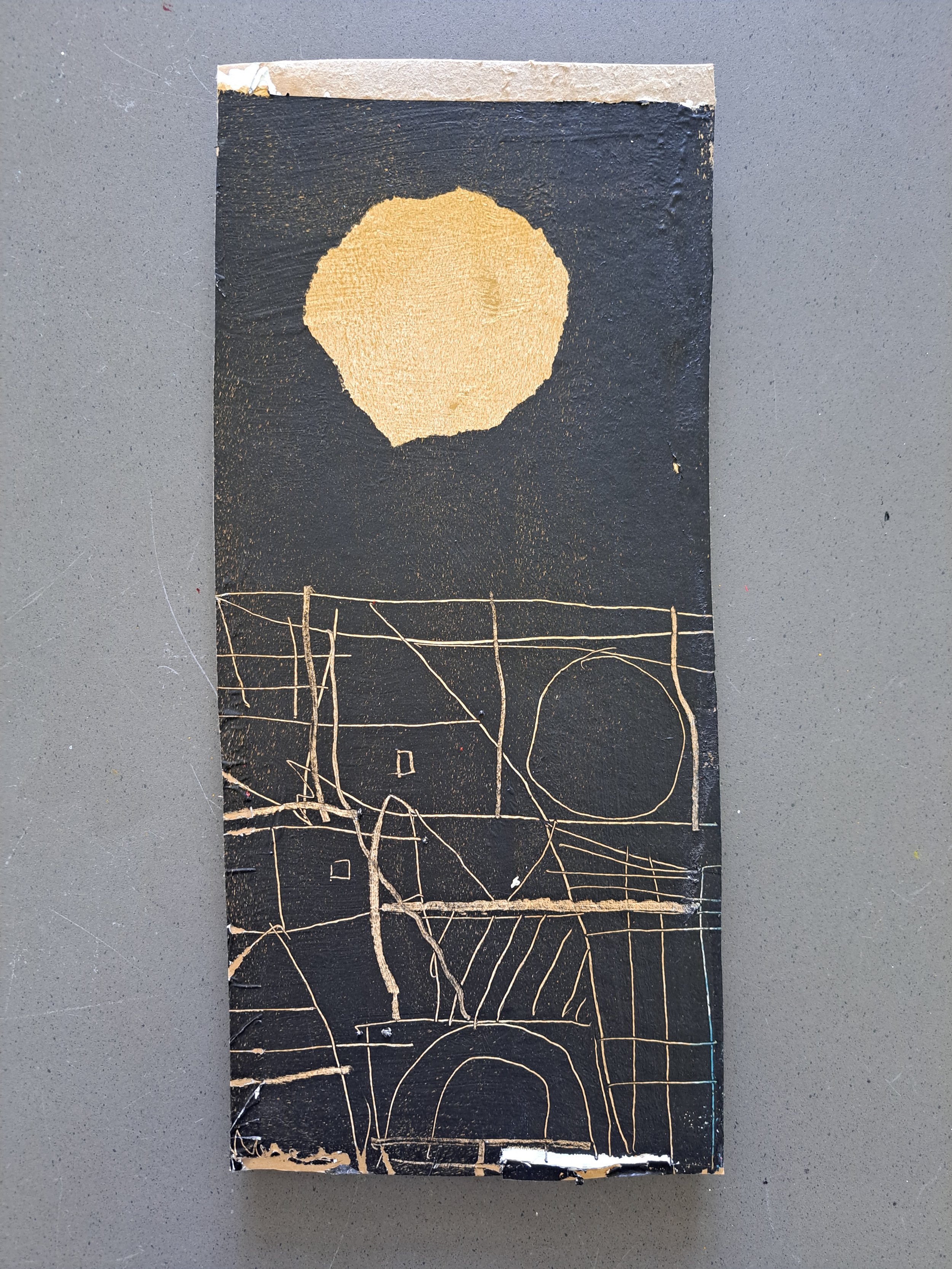 City Series Untitled black.gold 2024. Acrylic on cardboard, 6''x12''. $225.00