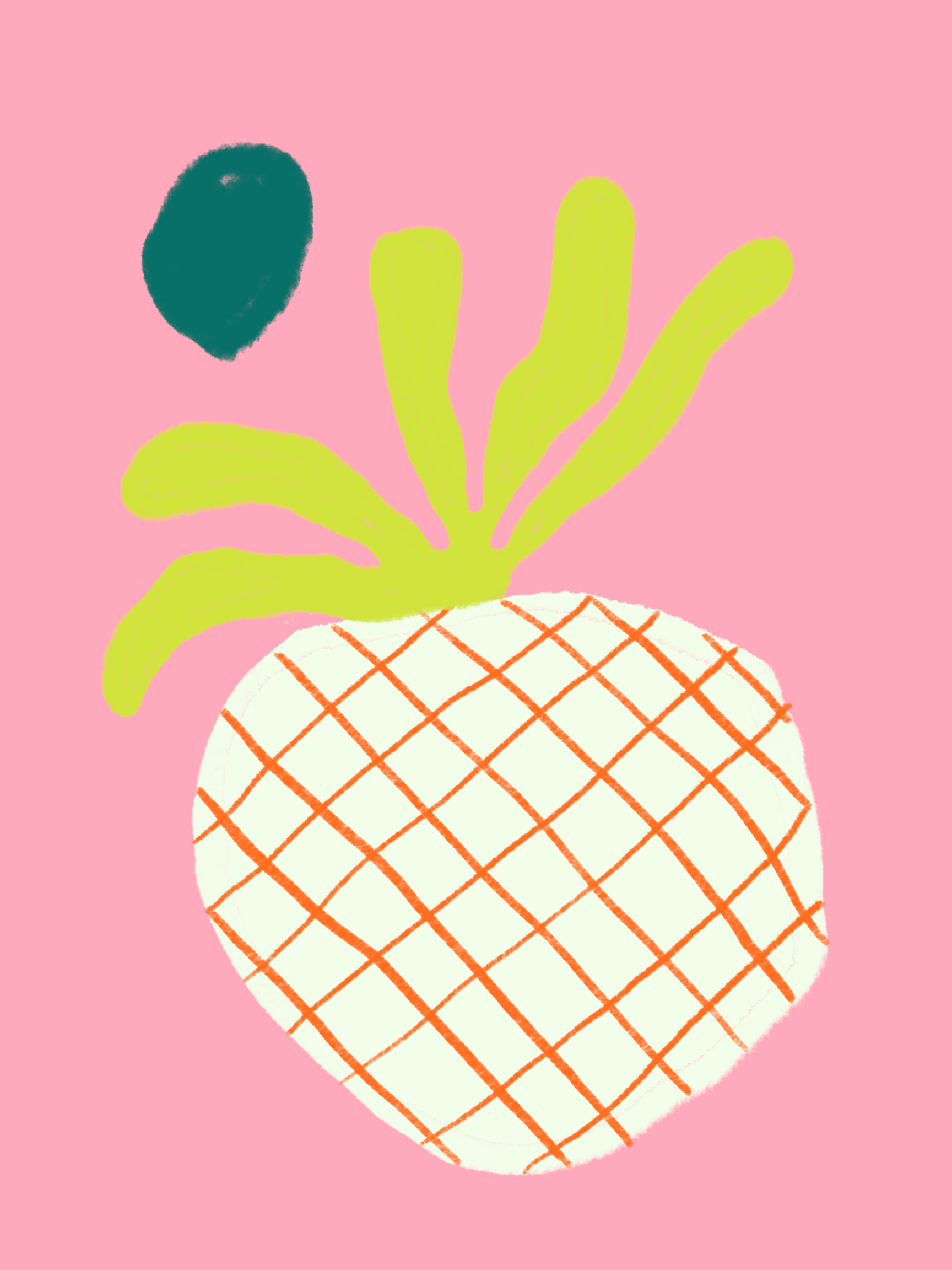 An illustration of a pineapple with green leaves on top and a yellow body with an orange diamond pattern, set against a pink background.