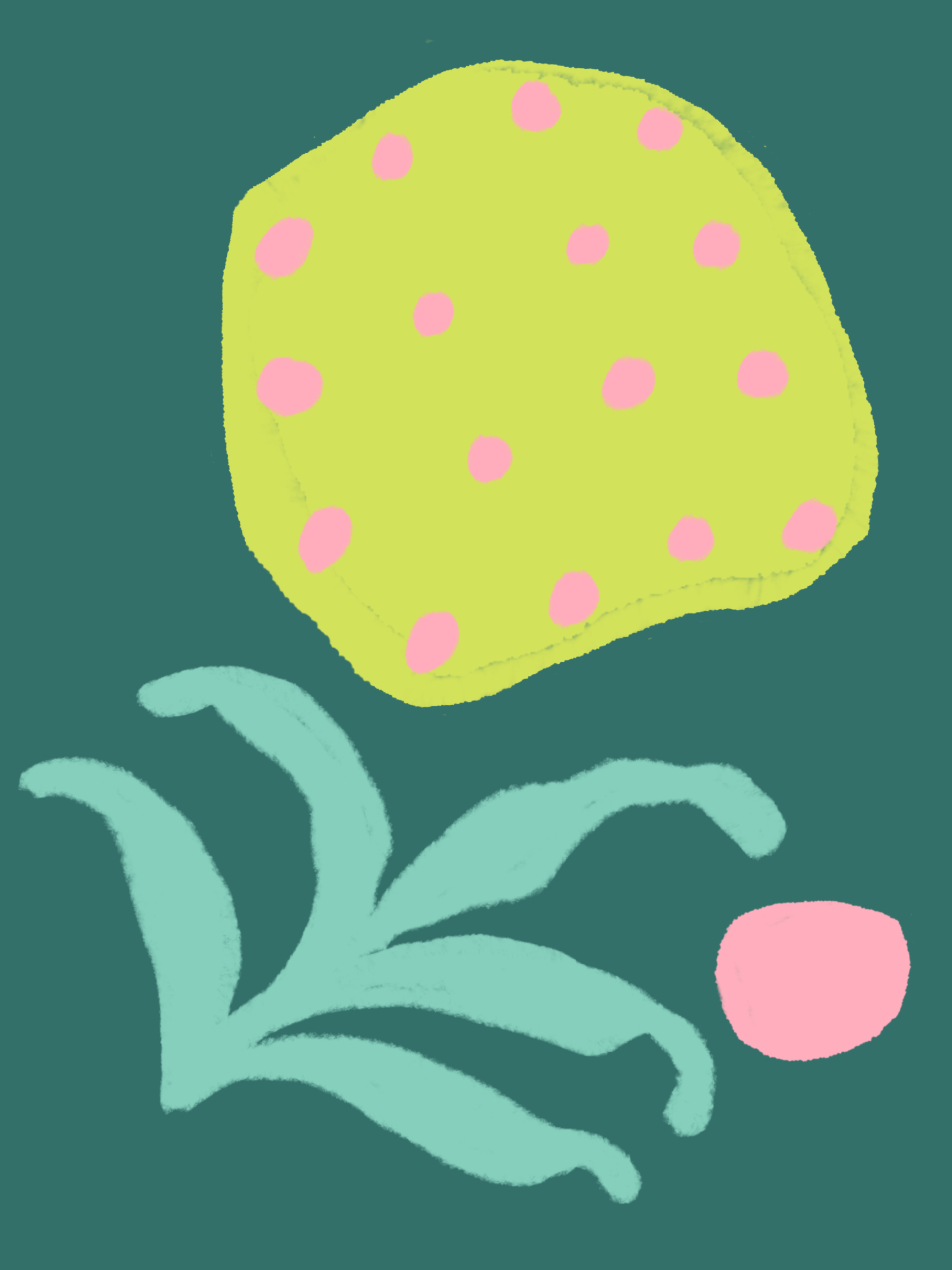 A stylized drawing of a yellow flower with pink spots on its petals, surrounded by light green leaves, set against a dark teal background.