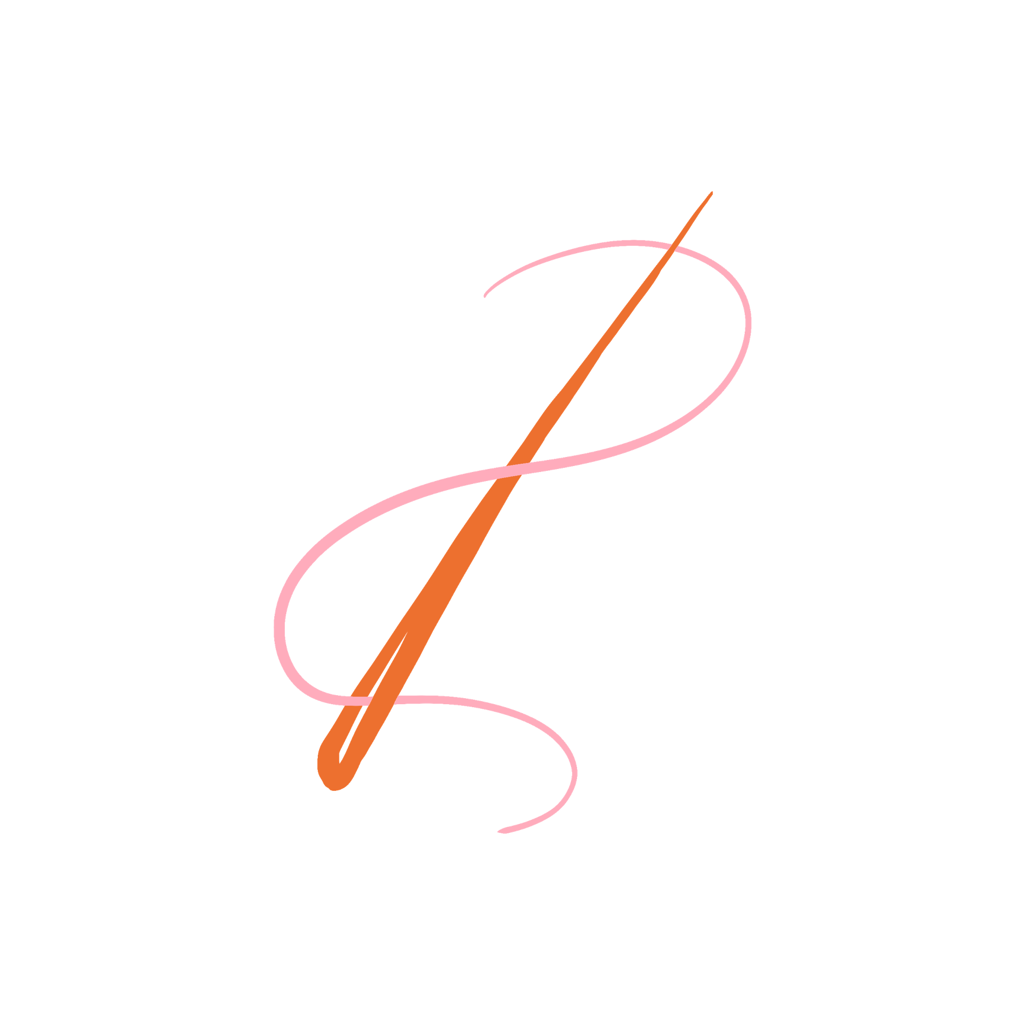 A stylized, abstract illustration of an embroidery needle and thread.