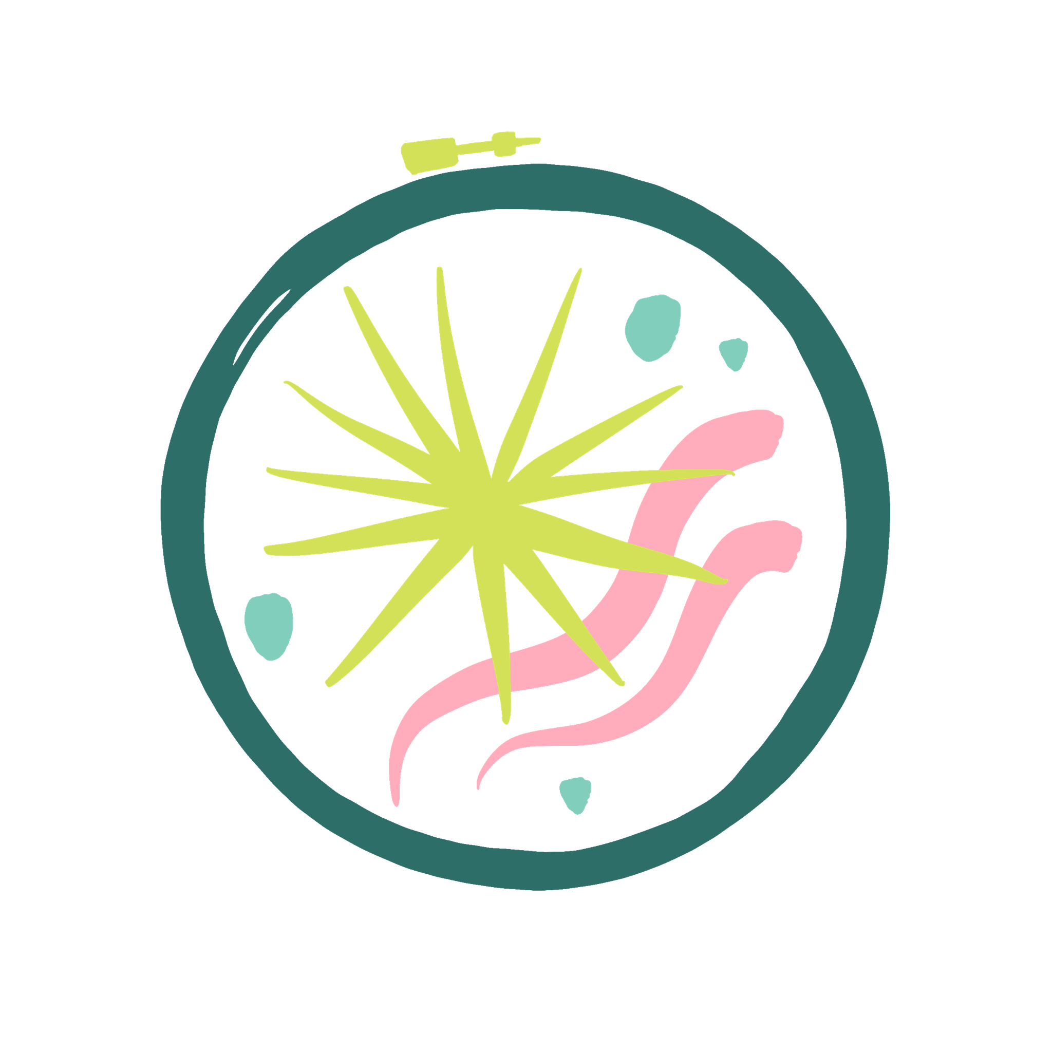 Illustration of a stylized embroidery hoop with pastel details.