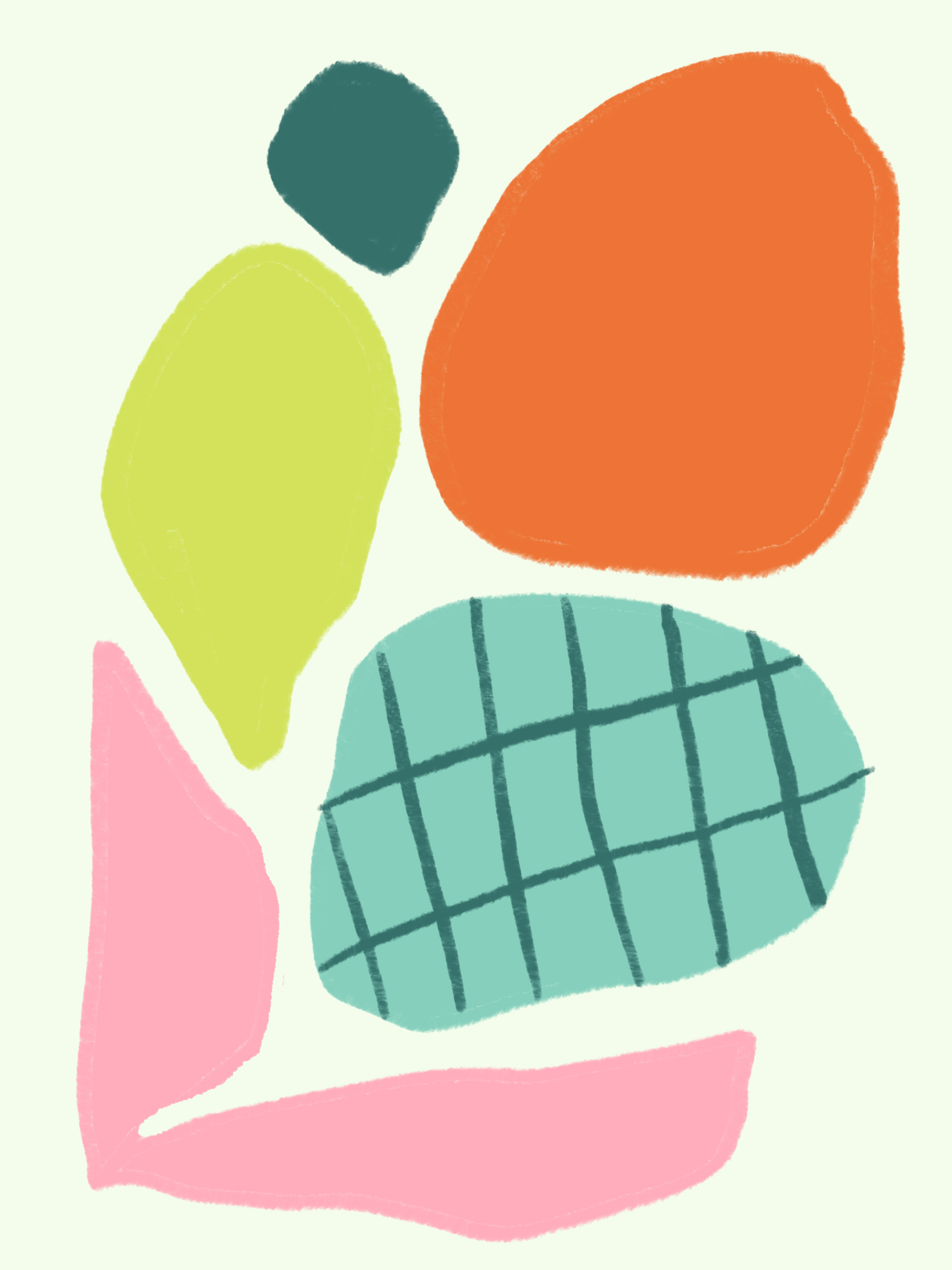 Abstract colorful shapes in pastel tones, including a teal plaid-patterned circle, a yellow teardrop shape, a large orange shape, and a pink shape, on a light background.