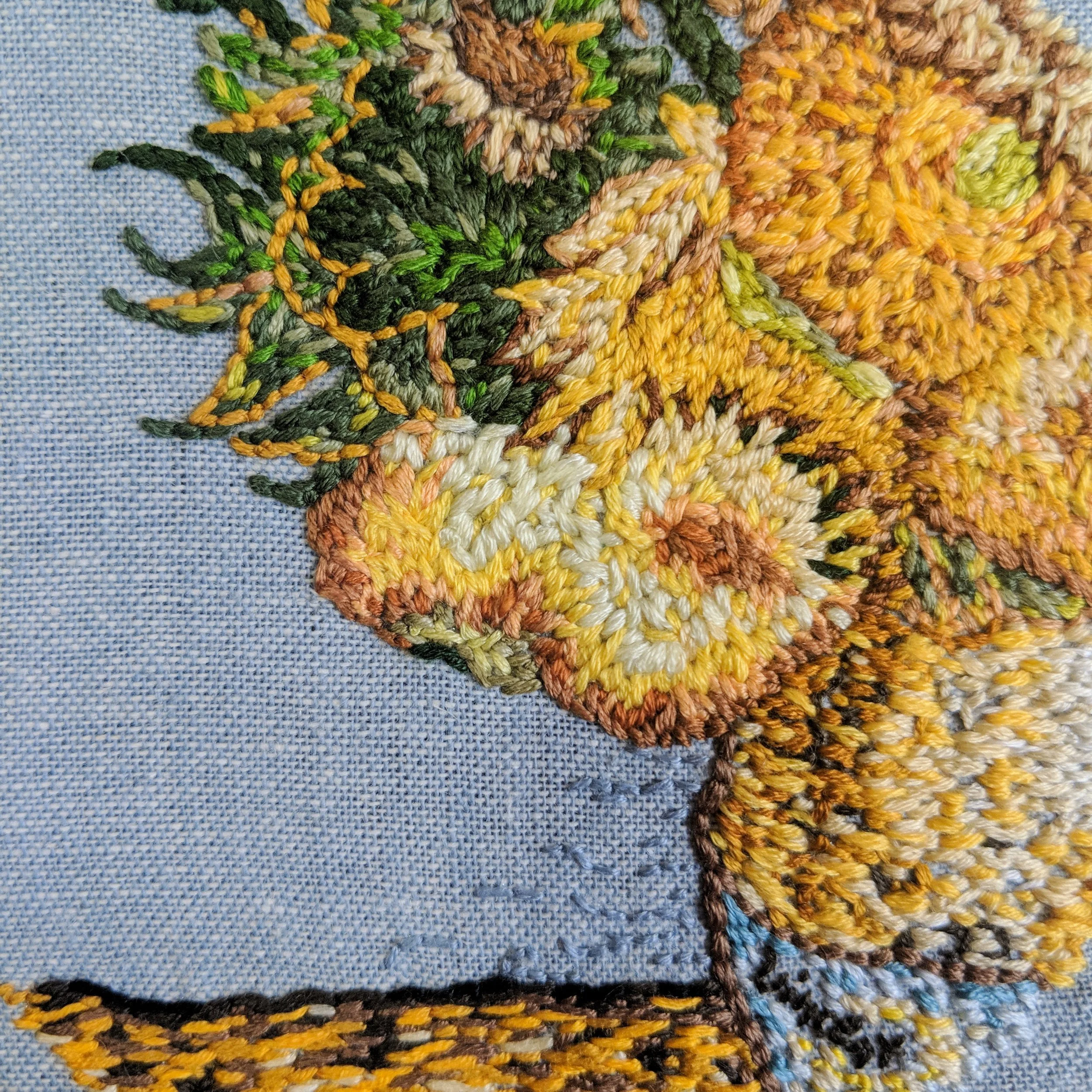 Close-up of colorful embroidered fabric with a detailed floral design on a light blue textile background. Inspired by Vincent Van Gogh's Sunflowers.