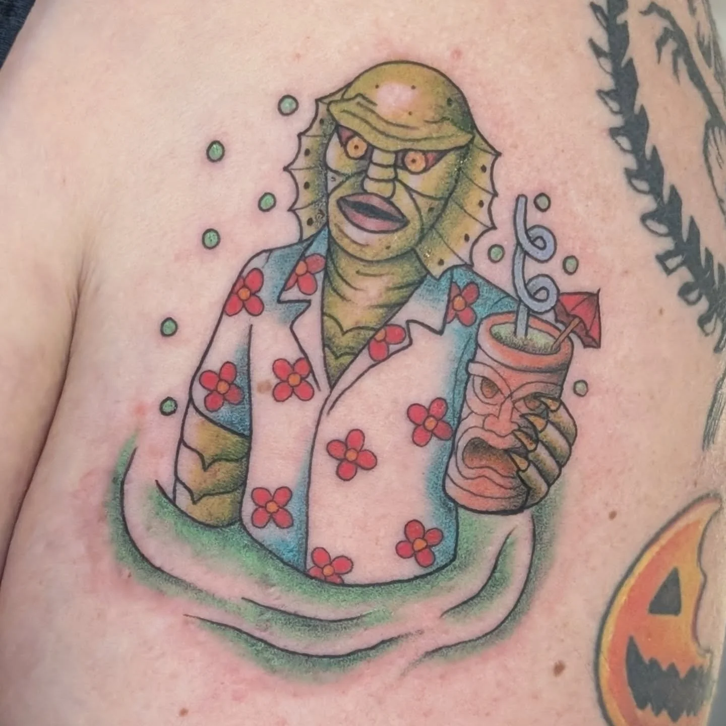 Creature From The Black Lagoon Tiki Hawaiian Shirt Traditional Tattoo