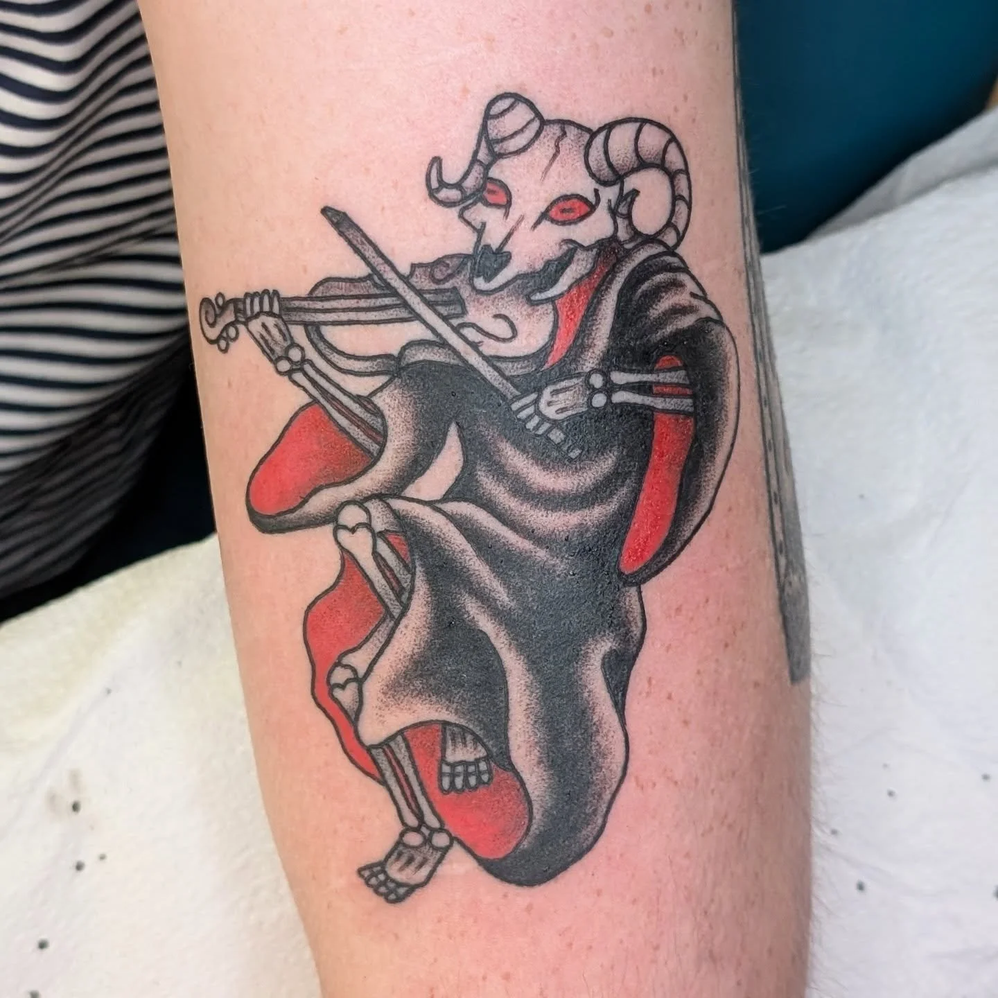 Dancing Fiddle Fiend Demon Black And Red Traditional Tattoo