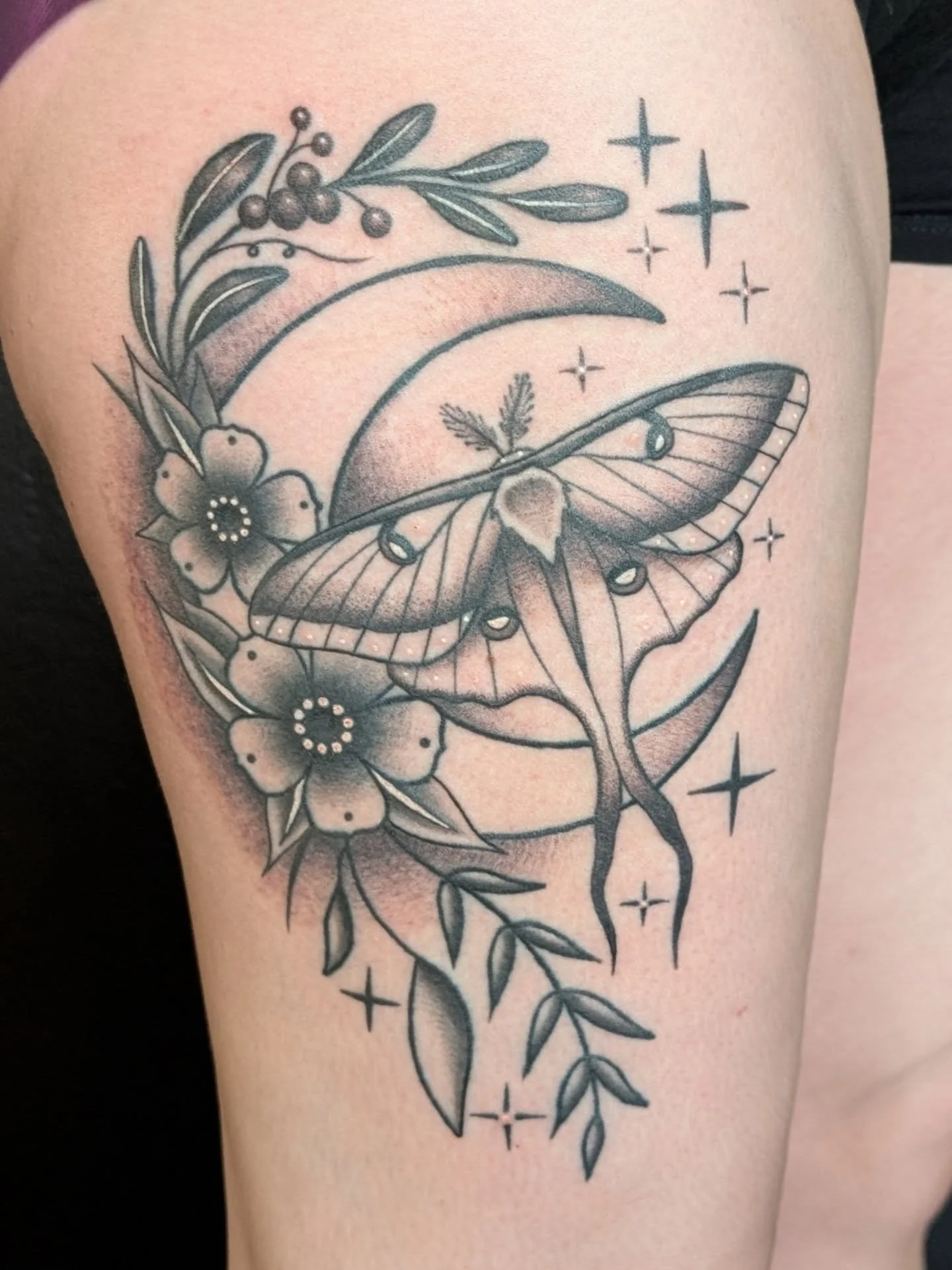 Beautiful Black And Grey Neotraditional Luna Moth Tattoo
