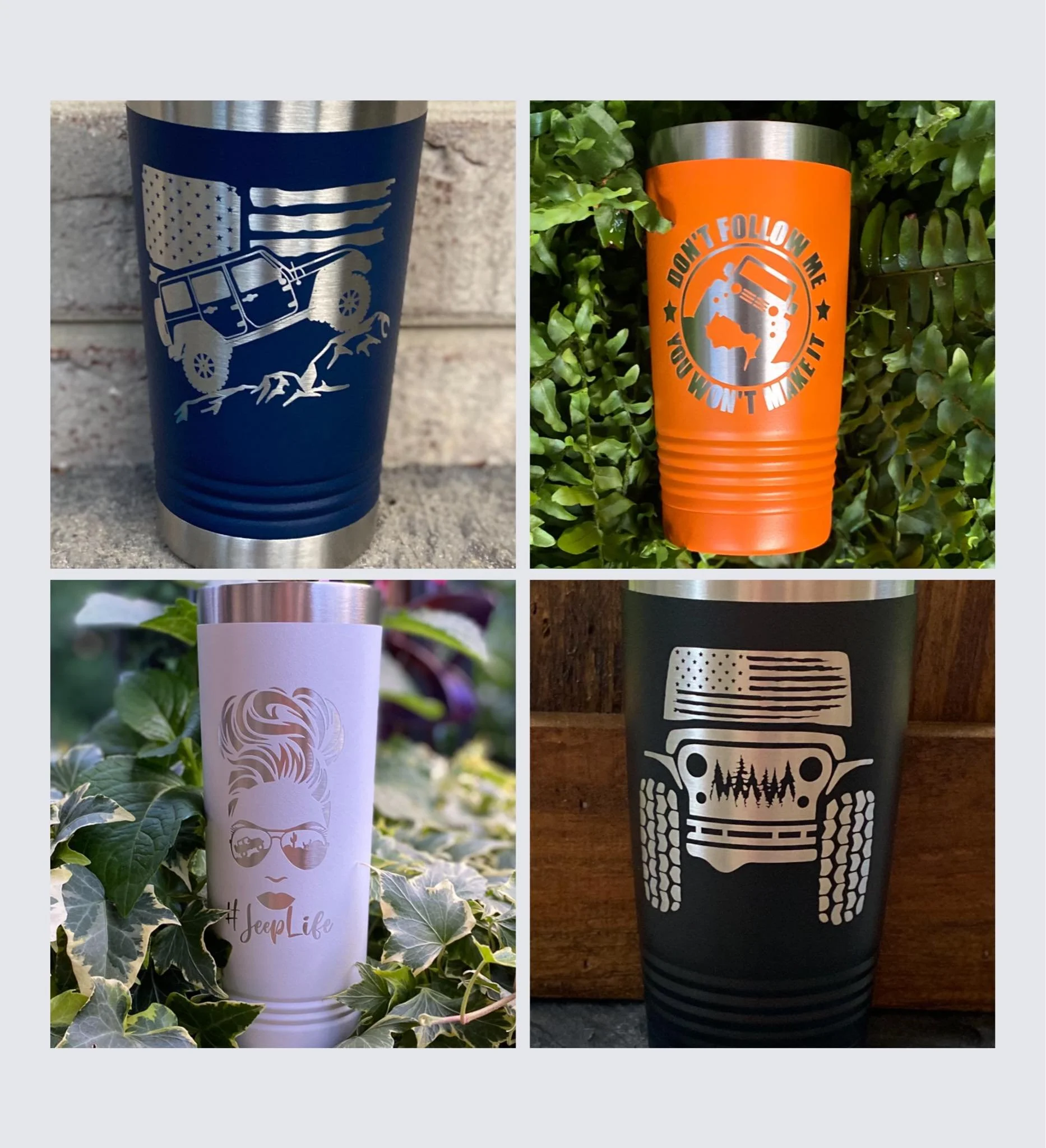 Four travel mugs with different designs and colors.