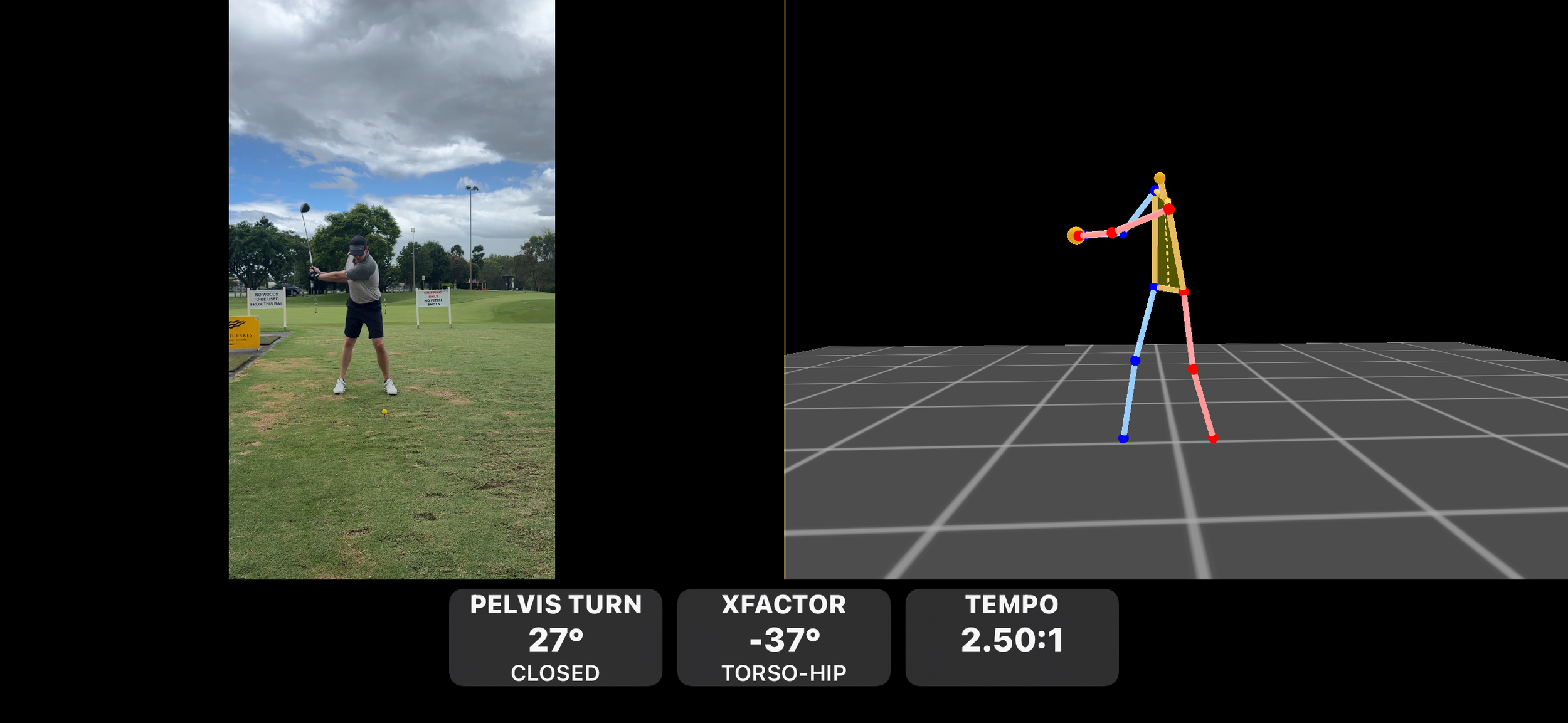 3D golf swing analysis for Gold Coast client: biomechanical data overlays on full swing to improve mechanics and lower scores with PGA pro Gavin Flint