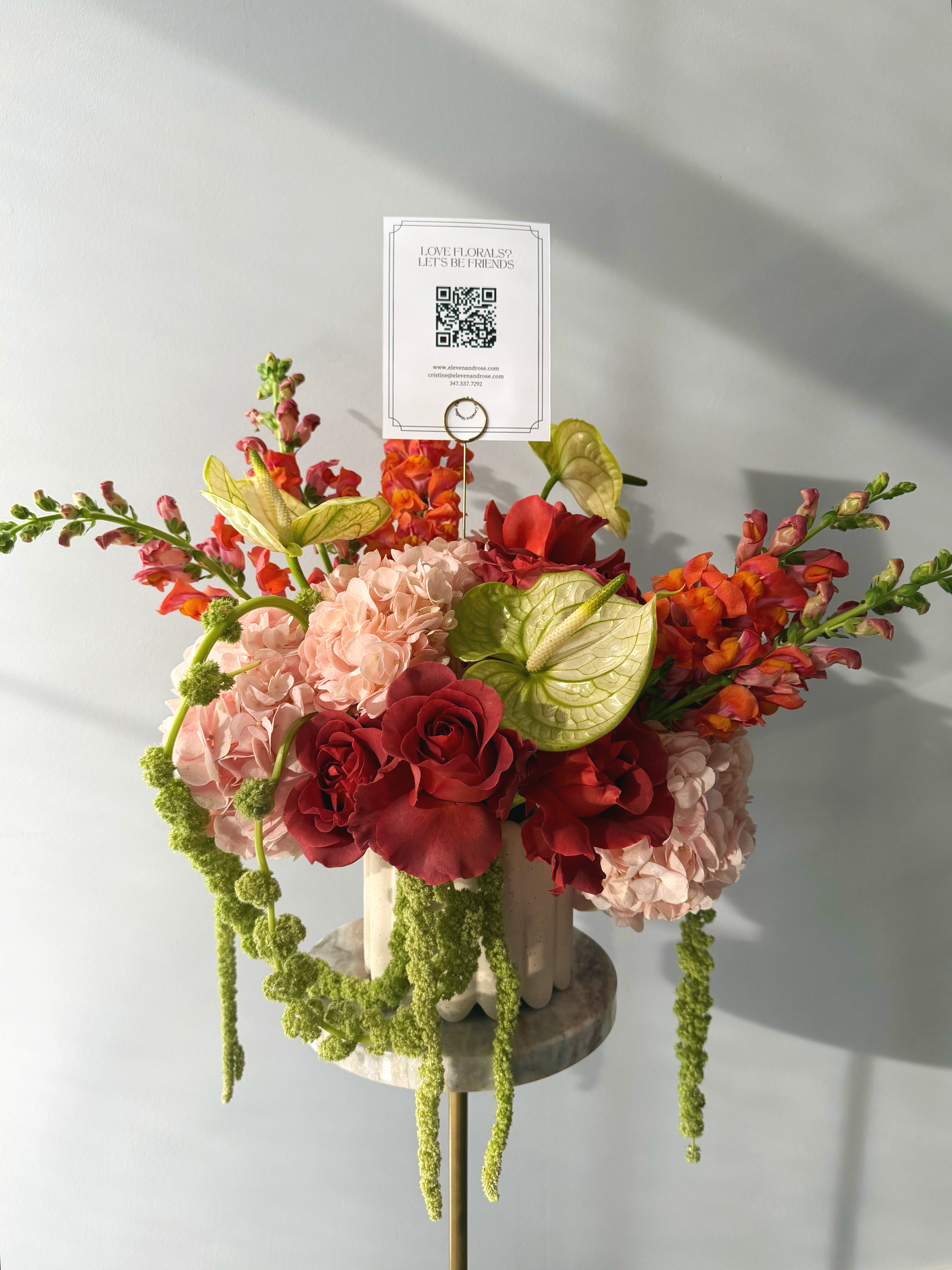 Artist's Choice Arrangement (Large) featuring roses, anthuriums, snapdragons, amaranthus, and hydrangeas.