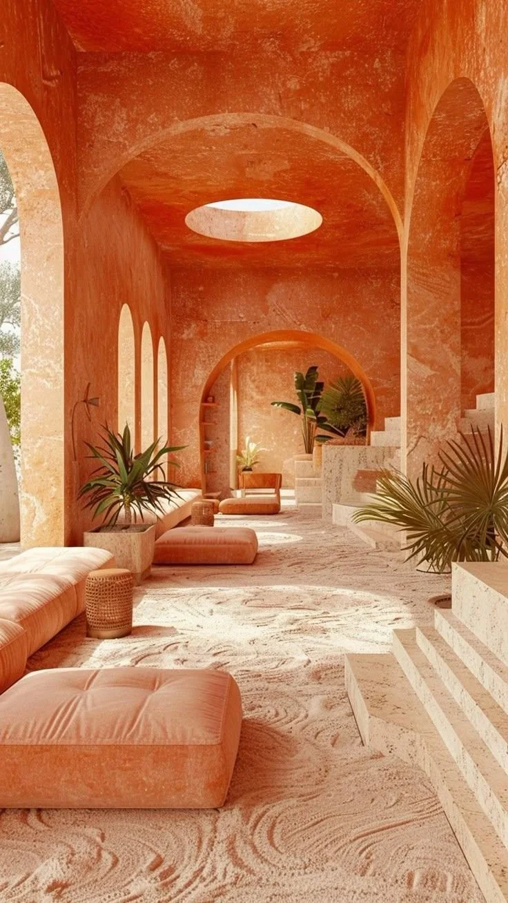 Interior of a warm, sunlit room with peach-colored walls, arched doorways, and a patterned sandstone floor. There are plush seating cushions, potted plants, and a circular skylight overhead.
