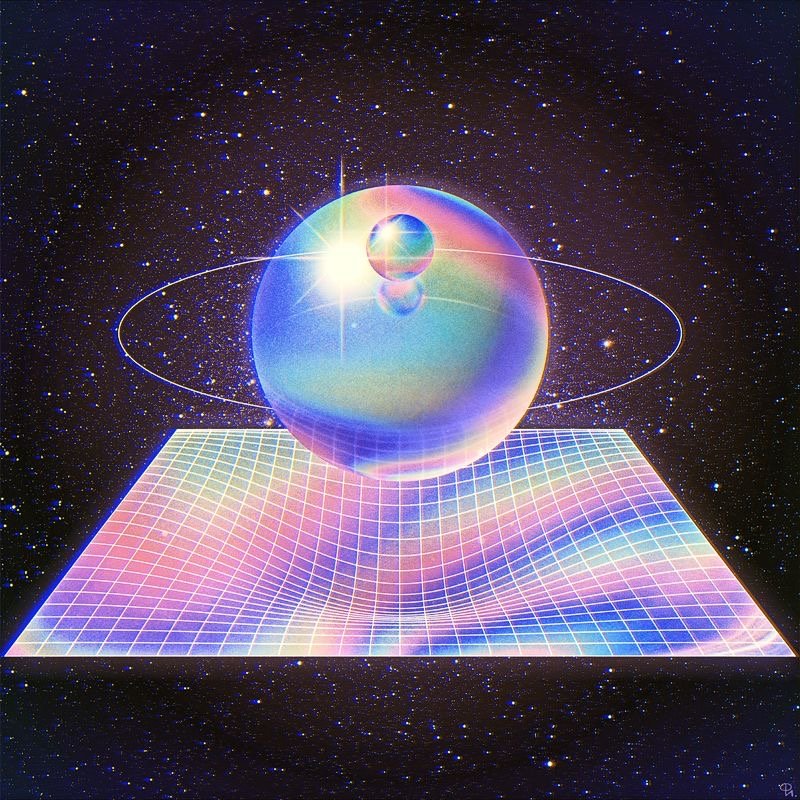 A glowing, multicolored spherical object with lens flare effects, floating above a grid-like surface in outer space, with starry background and orbit lines around the sphere.