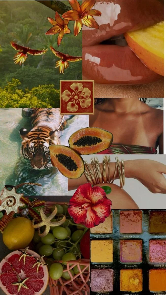 A collage of tropical and nature-themed items, including orange lilies, flying birds, a landscape with greenery, a close-up of lips, a tiger in water, papaya slices, a woman with bare shoulders, jewelry, a variety of fruits and strawberries, a flower