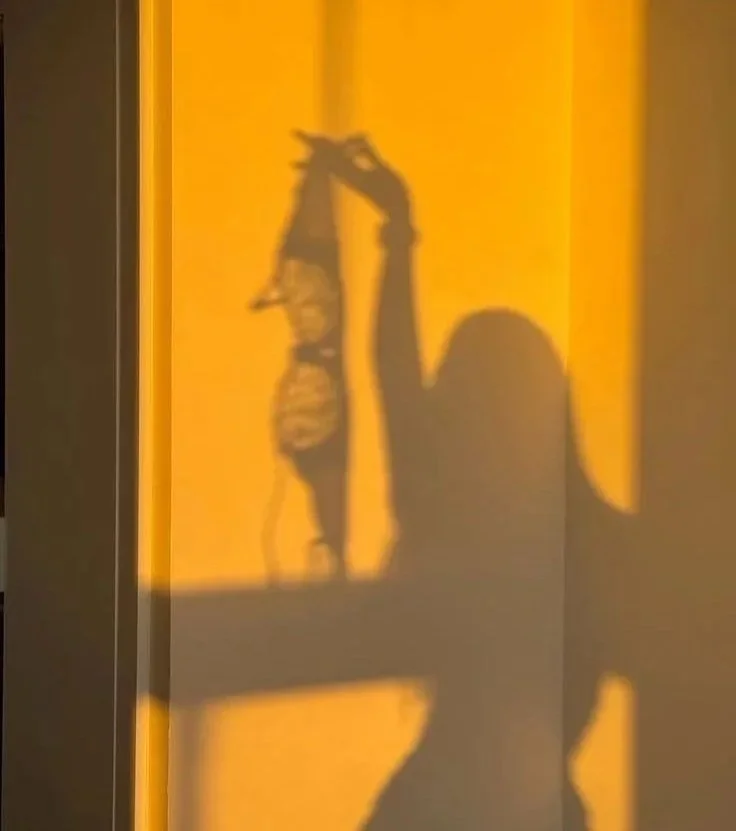 Shadow of a person taking a photo with a phone, casting a silhouette on a yellow wall, with a small decorative item or figure also creating a shadow.
