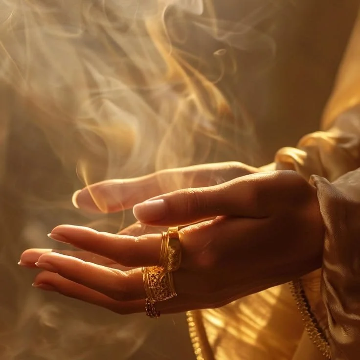 Close-up of a person's hand with ornate gold rings, holding a lit cigarette with smoke swirling around, dressed in shiny golden clothing.