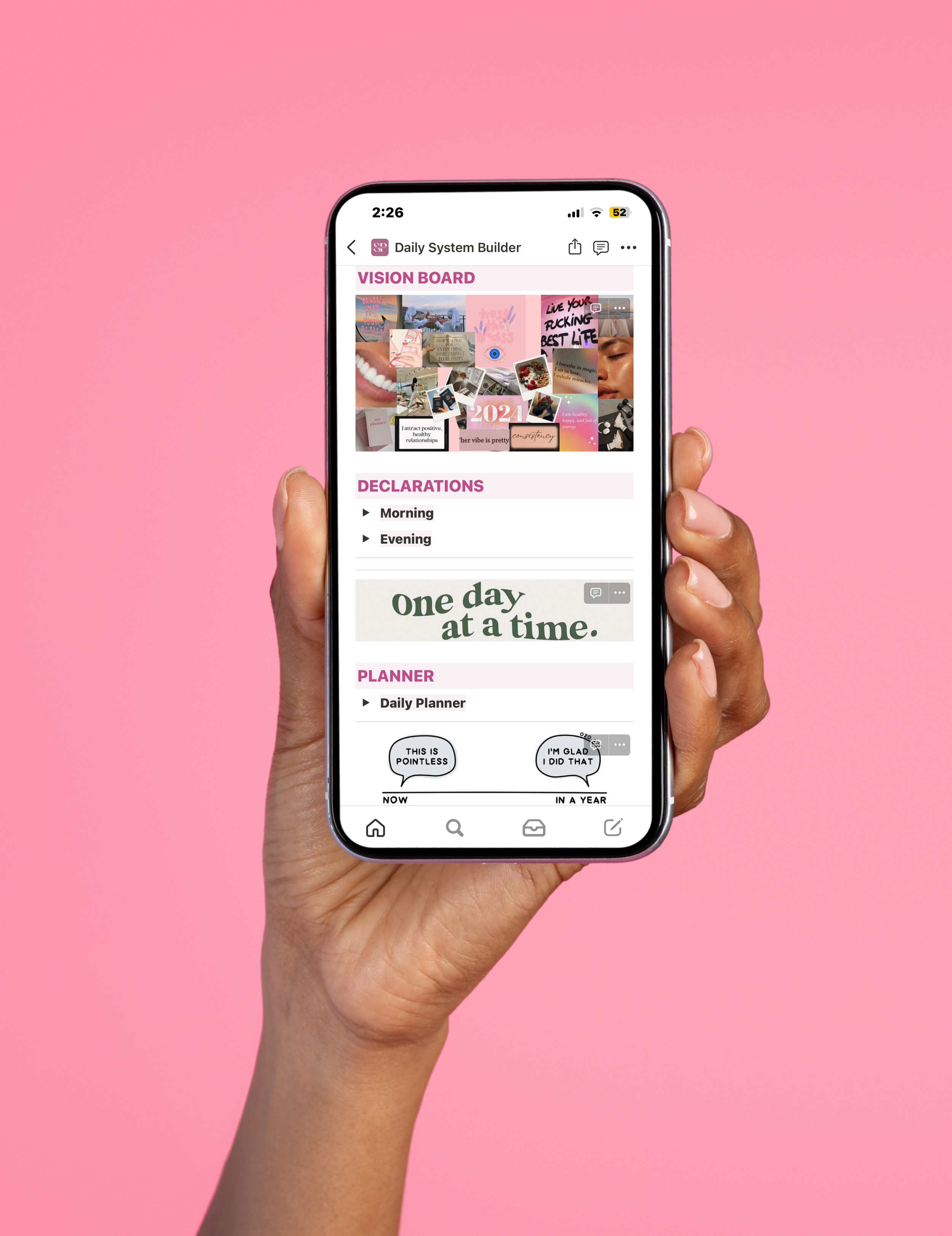 A hand holding a smartphone displaying a digital planner app with sections titled 'VISION BOARD,' 'DECLARATIONS,' and 'PLANNER' against a pink background.