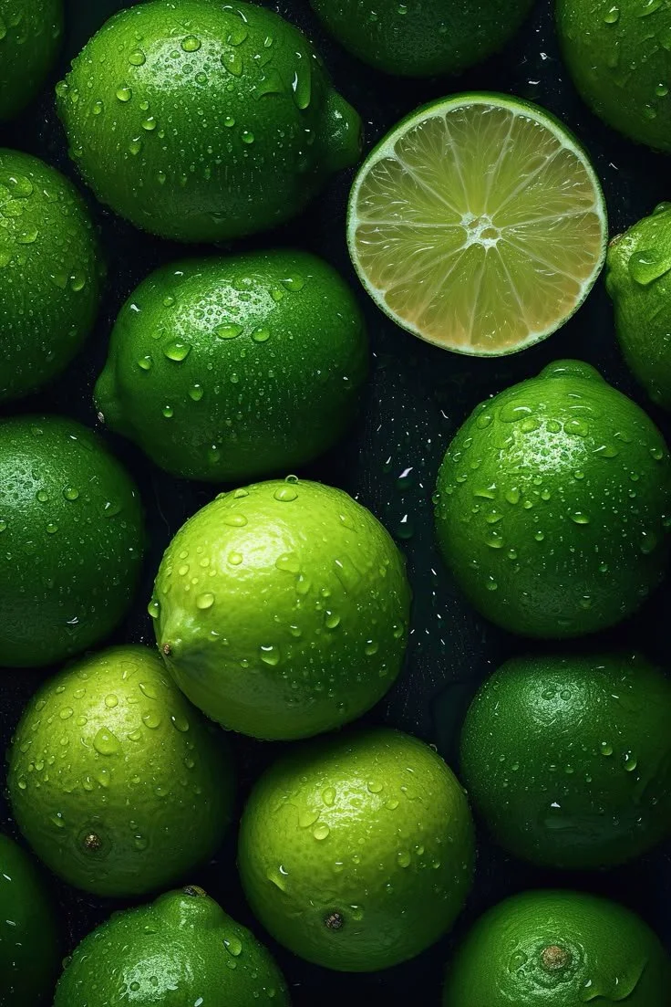 Fresh green limes with water droplets, some sliced in half showing their juicy interior.