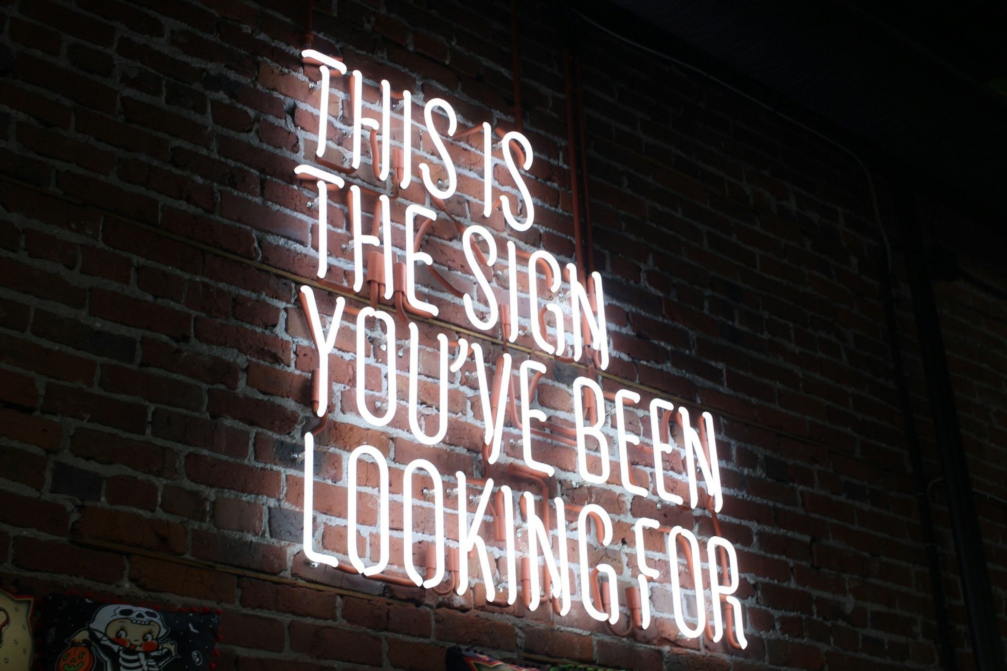 Neon sign on brick wall displaying the quote: 'This is the sign you've been looking for'