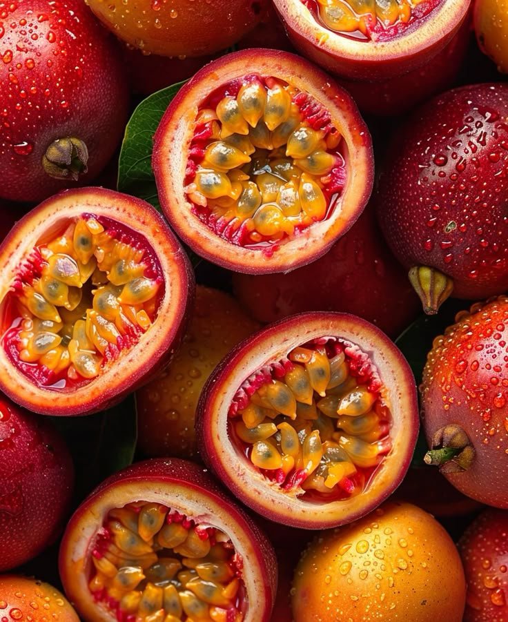 Multiple passion fruits, some cut open to reveal yellow seeds and pulp, others whole with droplets of water on the surface.