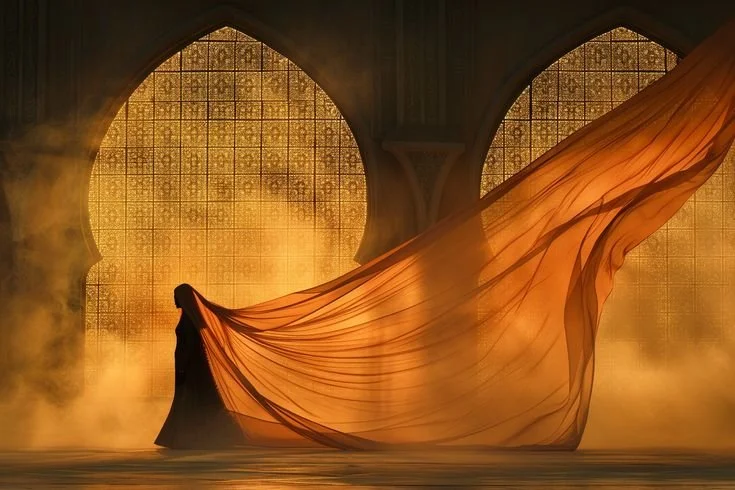 A person dressed in black holding a flowing orange fabric in an ornate, warmly lit indoor setting with large arched windows and mist or fog on the floor.