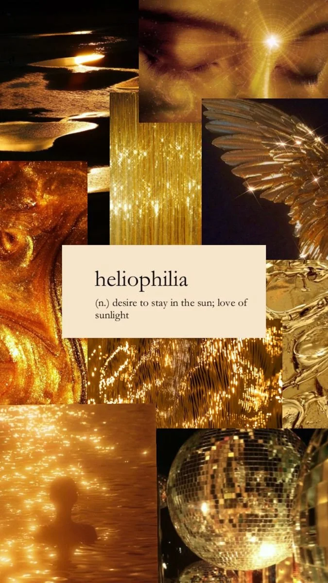 Collage of golden and sun-themed images including the sun setting over the ocean, closed eyes with sunlight reflection, a golden feather, sparkling golden lights, a disco ball, and a person swimming in sunlight reflections.