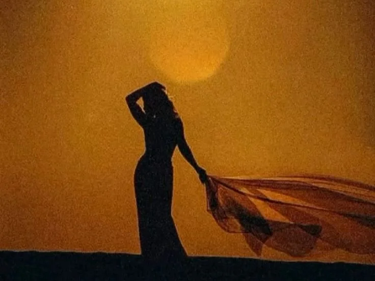 Silhouette of a woman holding a flowing scarf on a hill during sunset