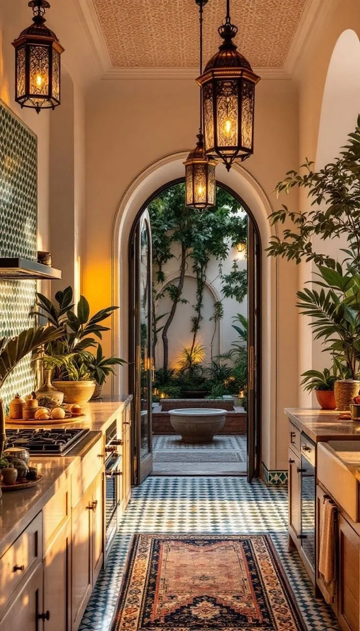 A kitchen with a door opening to a garden courtyard with plants and a stone fountain, illuminated by hanging lanterns and natural sunlight.