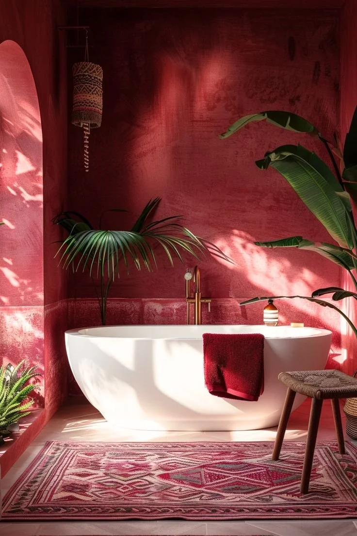 Modern bathroom with a white bathtub, pink walls, and tropical green plants, a red towel hanging on the side, a patterned rug on the floor, and a wooden stool.