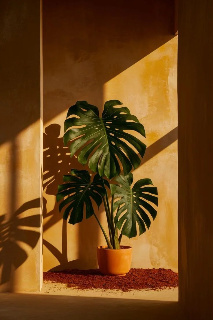 A potted monstera plant with large green leaves casting shadows on a warm-toned wall, illuminated by sunlight.