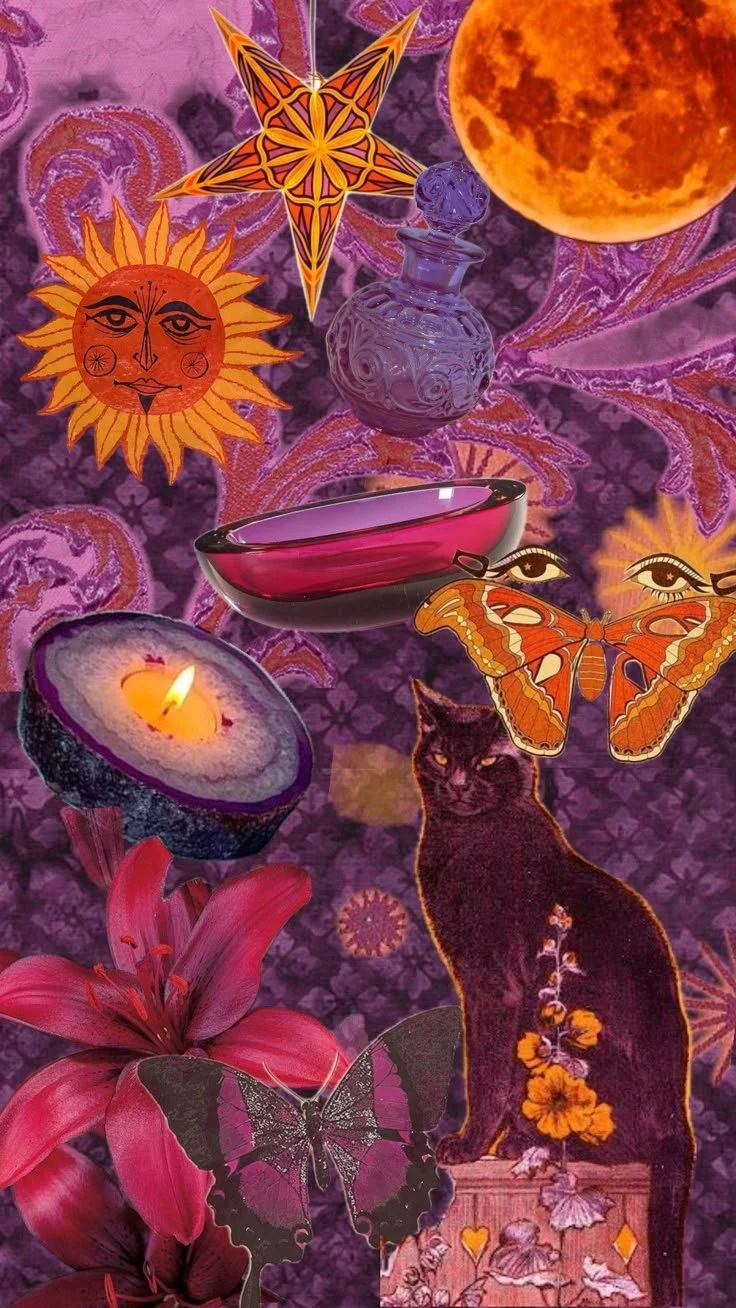 A collage with a purple and orange theme featuring a moon, a sun with a face, butterflies, flowers, a pink bowl, a glass bottle, a candle, and a black cat illustration.