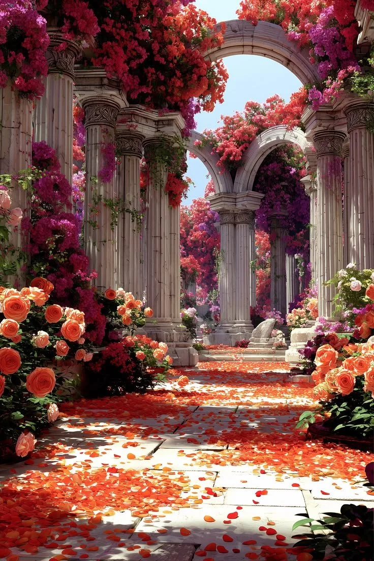 A garden with classical white stone columns and arches covered in pink and purple flowering vines. The pathway is scattered with orange and red flower petals, creating a romantic scene.