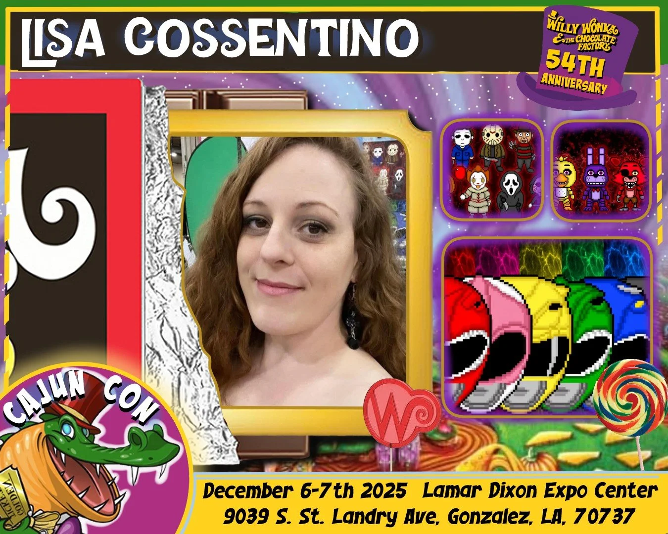 A woman with curly red hair smiling at the camera, displayed on a decorative poster for an event at Lamar Dixon Expo Center in Gonzales, Louisiana, December 6-7, 2025, featuring themes from Willy Wonka and other pop culture references.