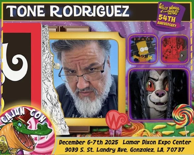 A man with glasses and a gray beard taking a selfie, displayed on a colorful promotional poster for a Conan con event. The poster includes various cartoon characters, including Willy Wonka, a red and black skull, a clown with a wolf face, and a green