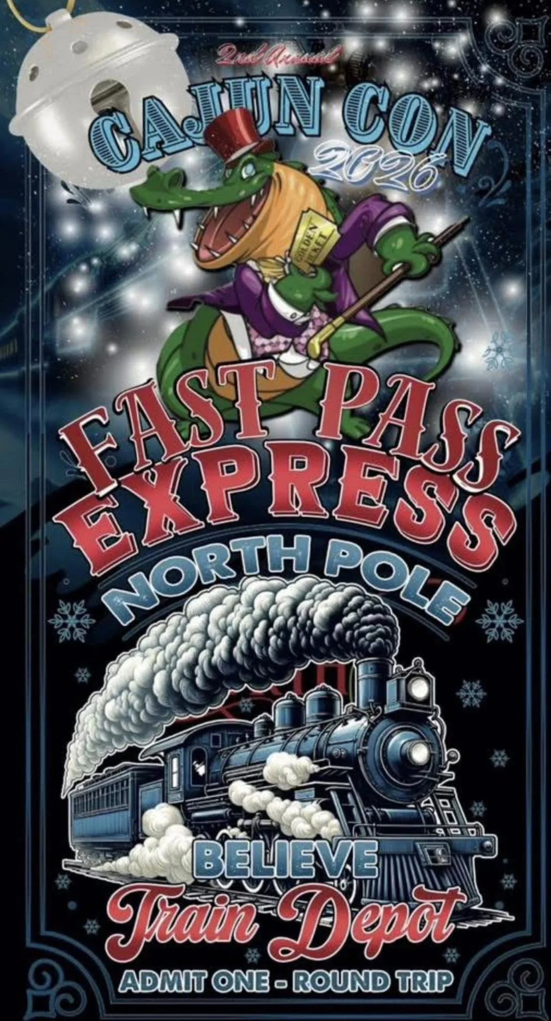 Colorful vintage-style poster for the North Pole Train Depot with the headline 'Cajun Con 2026'. It features a cartoon alligator dressed as a magician riding a steam train, with the text 'Fast Pass Express'.