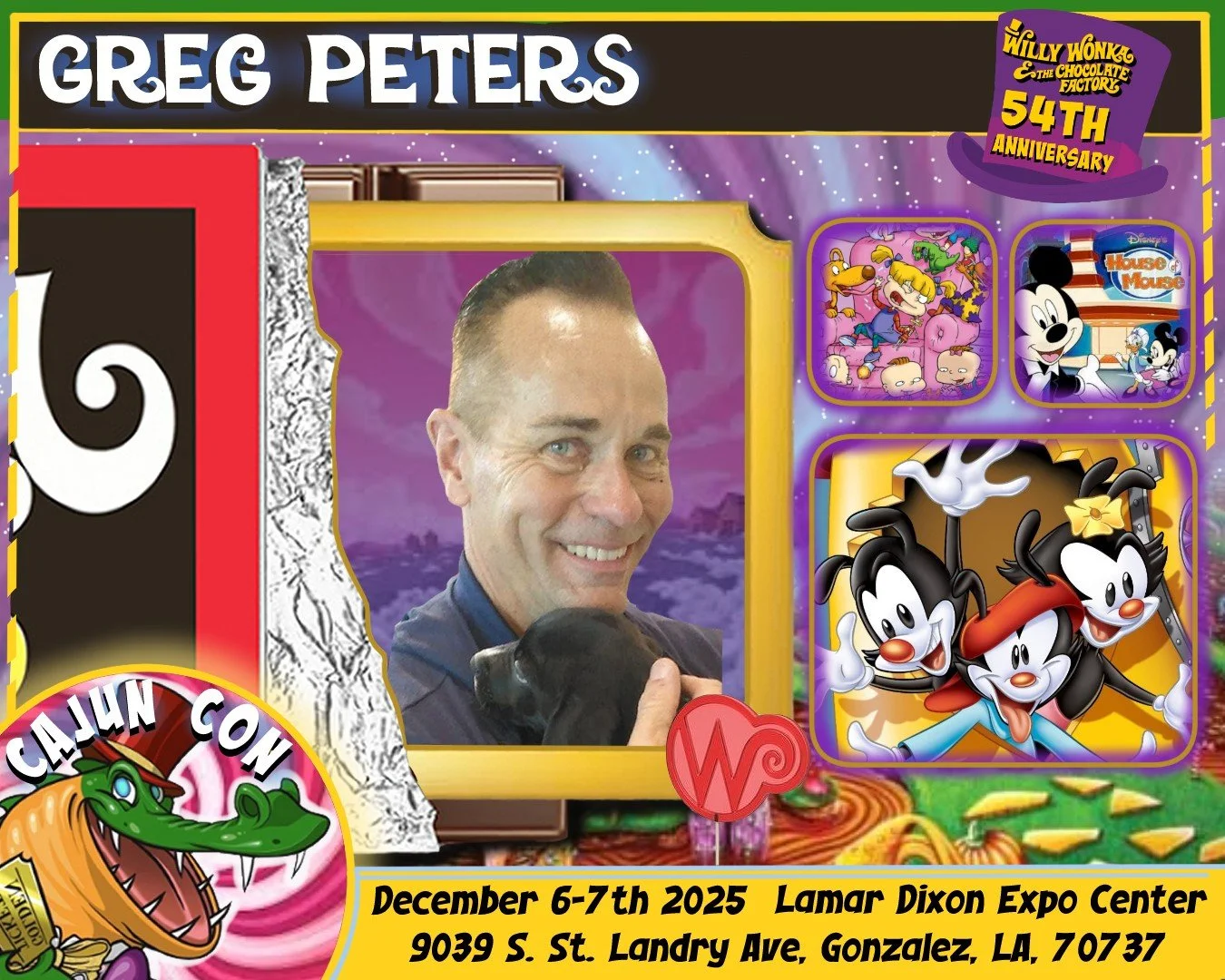 Event poster for Greg Peters at the Lamar Dixon Expo Center, December 6-7, 2025, featuring popular cartoon characters, including Mickey Mouse and animated characters, with a cartoon themed design.