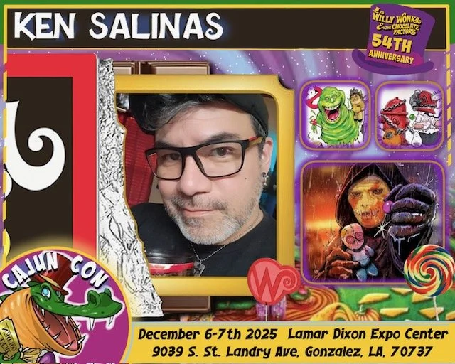 Event poster featuring a photo of Ken Salinas at the Calhoun Con, a comic convention, held at Lamar Dixon Expo Center in Gonzales, LA, on December 6-7, 2025. The poster celebrates the 54th anniversary of Willy Wonka chocolate factory, with artwork in