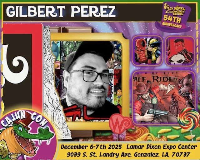 A person with glasses wearing a baseball cap, smiling, in front of a colorful display with various cartoon and comic characters, and event details for 'Call of the Wild' at Lamar Dixon Expo Center, Gonzales, Louisiana, December 6-7, 2025.