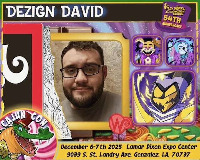 A man with glasses and a beard taking a selfie at a comic convention, with cartoon character illustrations and event details on the signage.