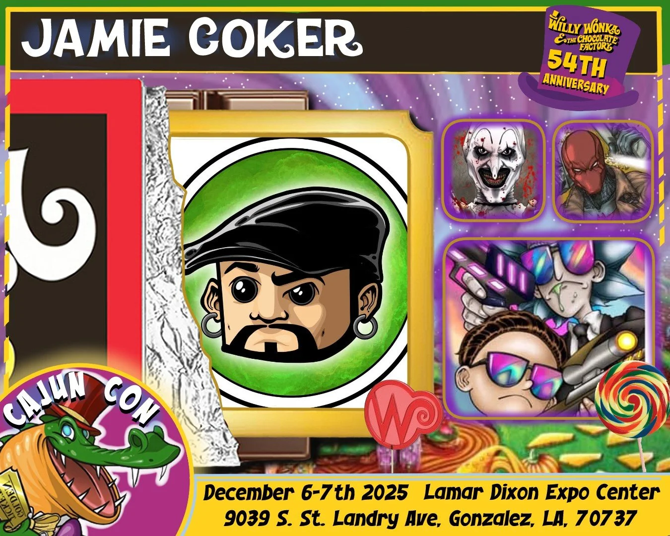 Poster advertising the 54th anniversary of Willy Wonka & the Chocolate Factory, featuring a cartoon caricature of a pirate with earrings, surrounded by images of characters including a clown, a man with a cane, a girl with sunglasses, and a Joe Cool 