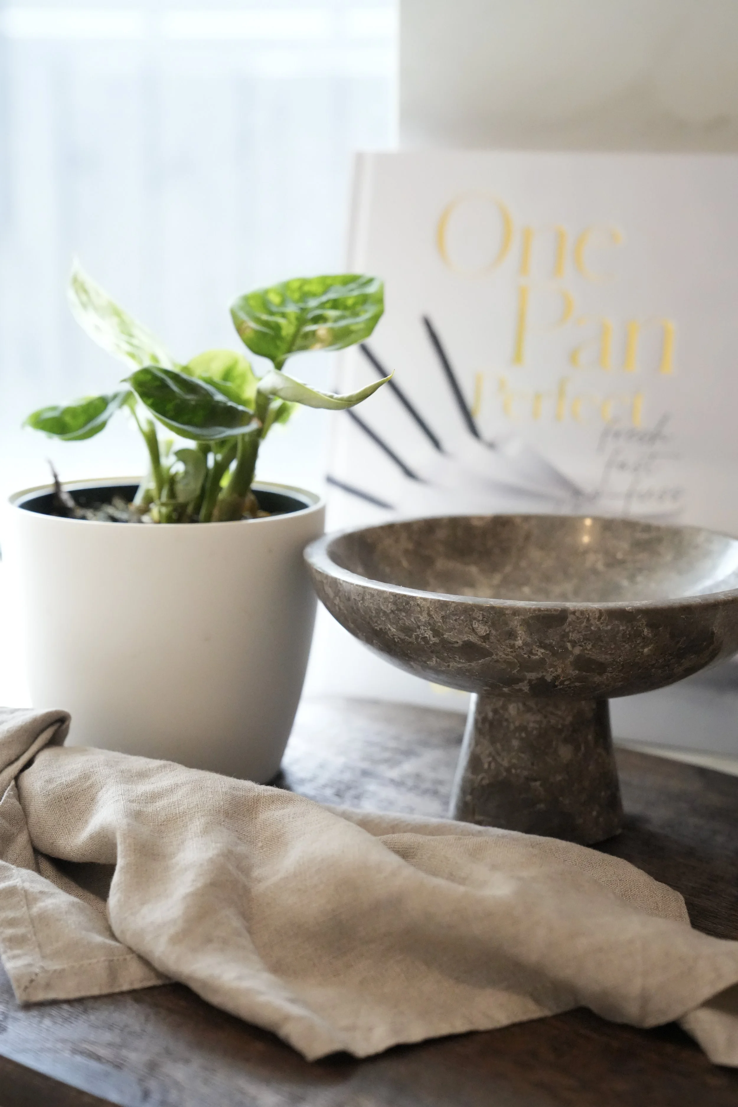 A potted plant with green and white patterned leaves, a beige cloth, an empty stone pedestal bowl, and a partially visible white card with gold lettering are arranged on a wooden surface near a window.
