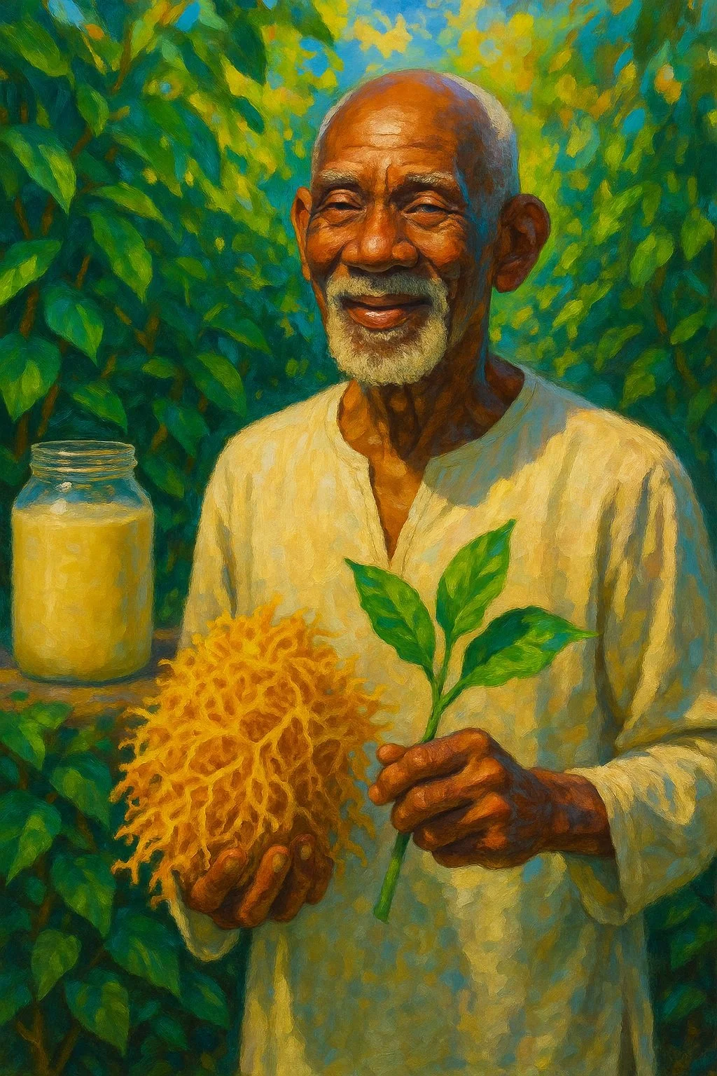 An elderly man with a white beard and bald head, smiling, holding a green leafy plant in one hand and a yellow luffa sponge in the other, standing outdoors among green foliage with a jar of yellow substance nearby.